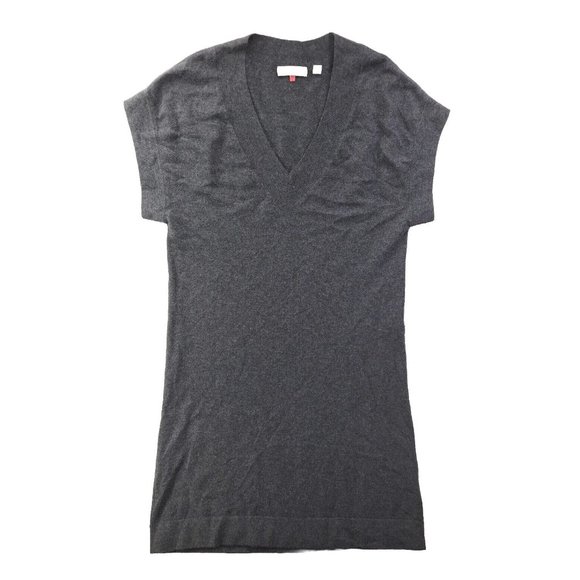 Cashmere Sweater Dress Women's Medium Gray Luxury Knit V-Neck Short Sleeve - Picture 1 of 7